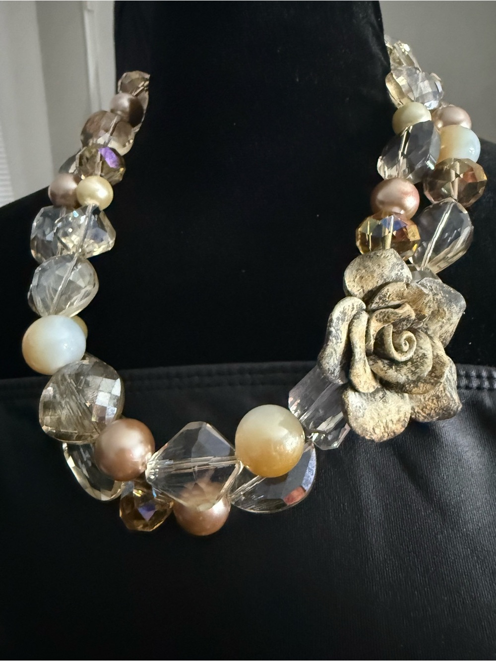Vintage Artisan Crystal Pearl Rose Statement Necklace Vendome Style 22”